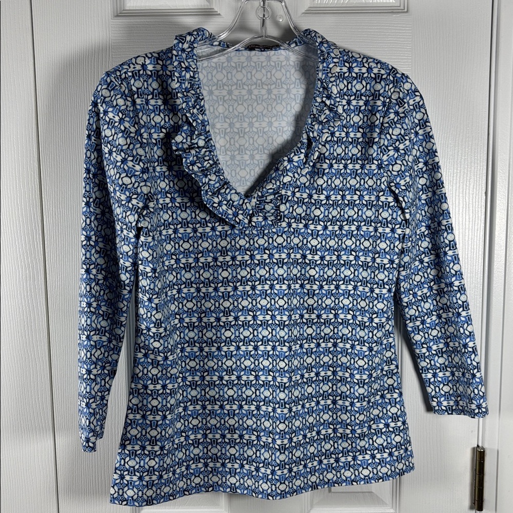 J. McLaughlin Blue 3/4 Sleeve Blouse with Ruffle Collar Stretchy Small